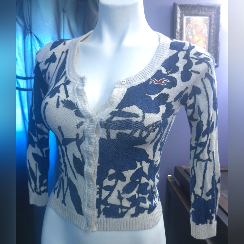 Hollister Blue and Cream Cardigan Sweater